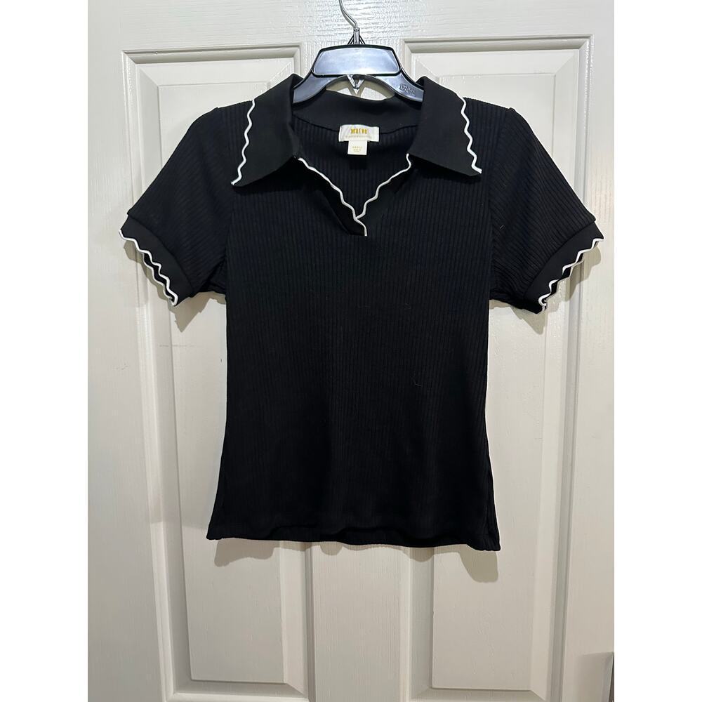 Maeve by Anthropologie Women's Black Scalloped Polo Shirt Size Small - Picture 5 of 14